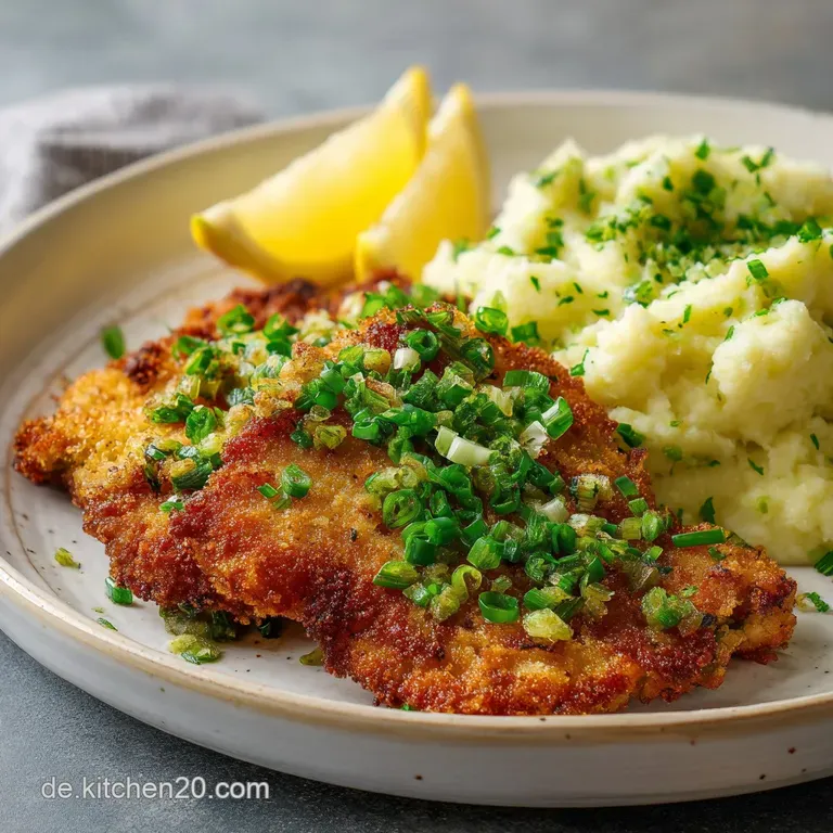 Elevated view of tender schnitzel plated with smooth celery puree, garnished with parsley. A comforting and elegant low-ca...