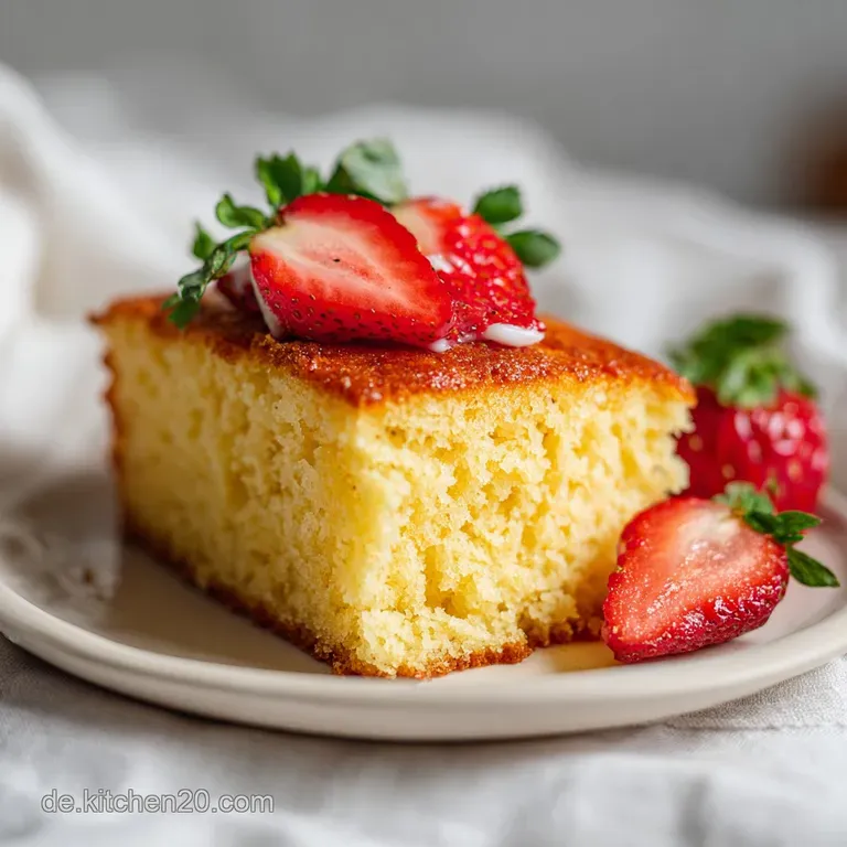 Slice of golden sheet cake with scattered colorful candies, resting on white plate dusted with flour, inviting and warm.