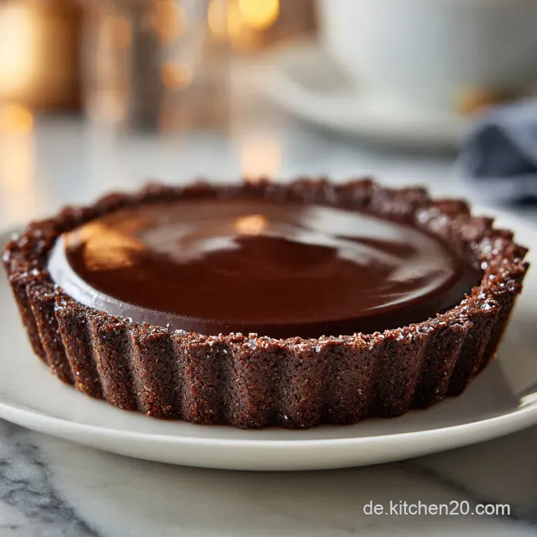 A single slice of rich, dark chocolate tart presented on a white plate, dusted with cocoa. Silky smooth with a crisp crust.