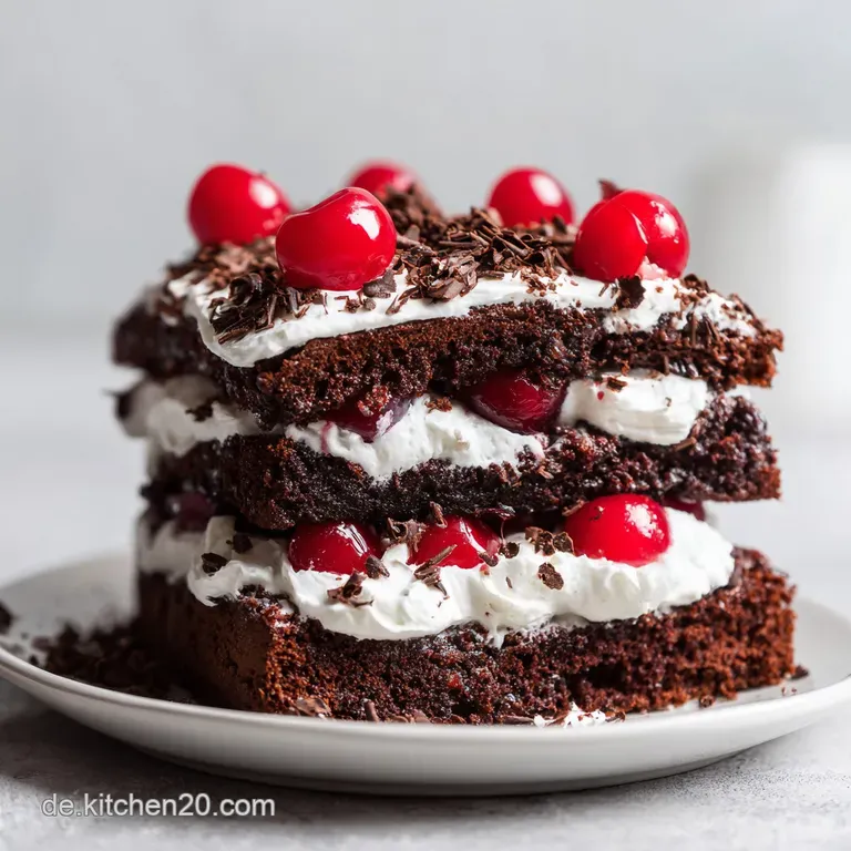Mehrst&ouml;ckige Schichttorte auf wei&szlig;em Porzellan mit fluffiger Sahne und tiefroten Beeren in eleganter Anrichtung.