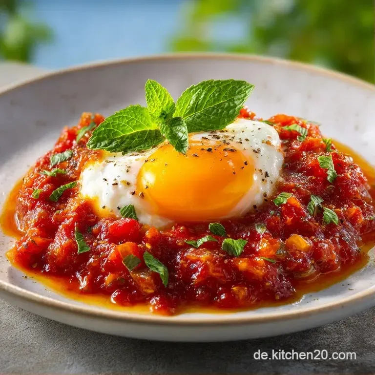 Dampfende rote Sauce in einer rustikalen Pfanne, flankiert von goldbraunem Baguette und frischen Kr&auml;utern auf hellem Leinen.