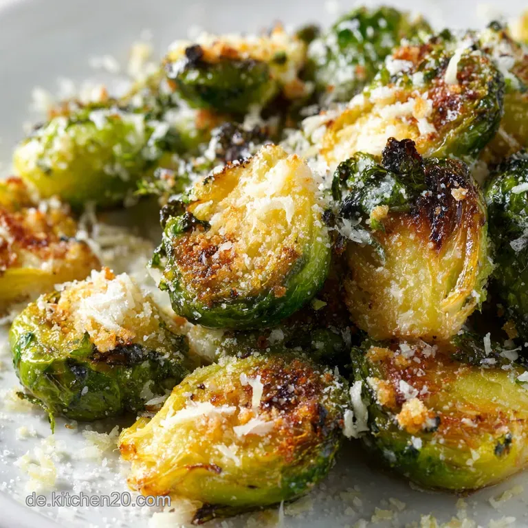 Perfectly plated smashed Rosenkohl, glistening with olive oil and sprinkled with parmesan. Charred edges add textural cont...