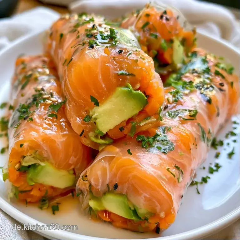 Auf einem hellen Keramikteller liegen aufgeschnittene, frische Rollen mit leuchtendem Lachs und knackigem gr&uuml;nem Salat.