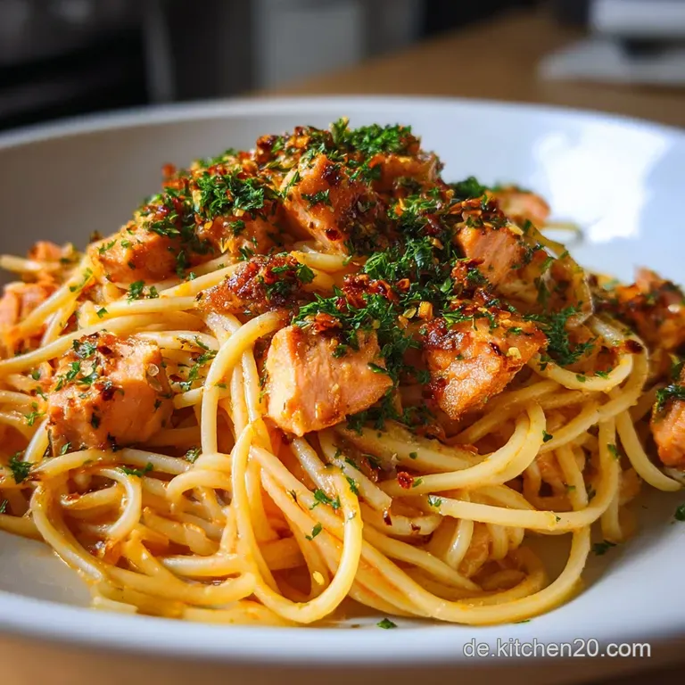 Elegant plate of spaghetti tossed in a rich cream sauce with tender salmon, sprinkled with fresh herbs for garnish.