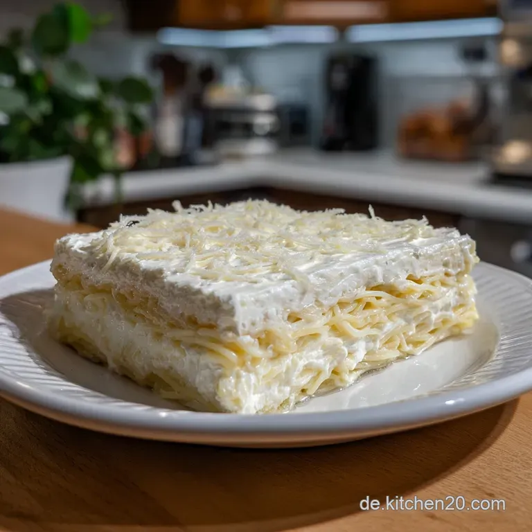A slice of 'spaghetti ice cream' cake revealing layers of sponge, creamy filling, and a topping mimicking ice cream and be...