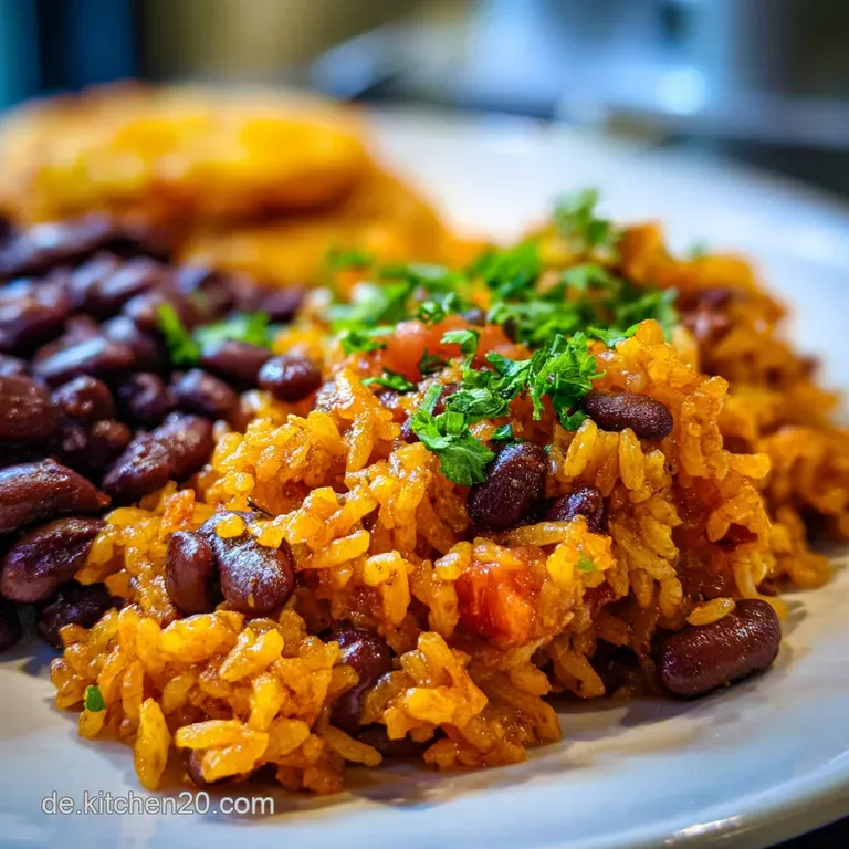 Elegant plate of Spanish rice and beans, garnished with fresh cilantro. Steaming rice, vibrant colors, rustic earthenware ...