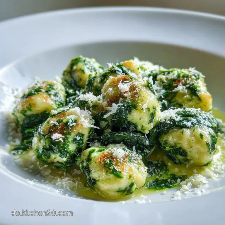 Delicate ricotta gnocchi nestled on a white plate, bright green spinach sauce glistening, garnished with fresh herbs.