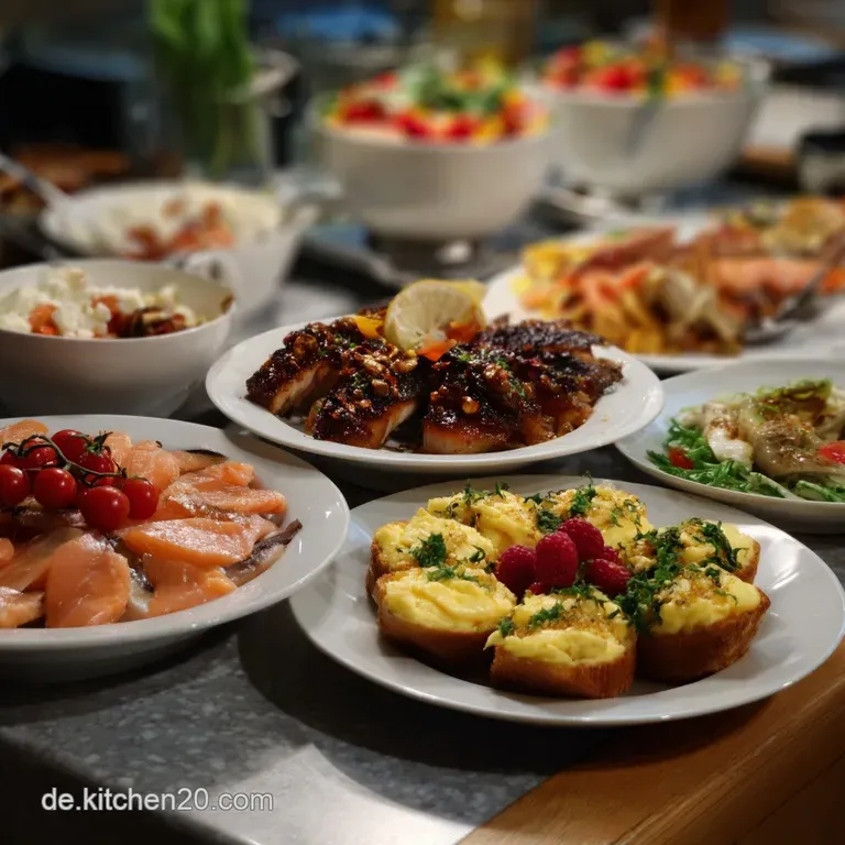 Elegant plate featuring flaky salmon, crisp potatoes, and a pool of teriyaki sauce, garnished with fresh herbs and a lemon...