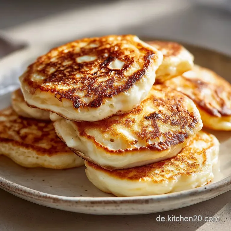 Stack of fluffy Syrniki with juicy red berries and a swirl of creamy sauce, a light and airy dessert presented beautifully.