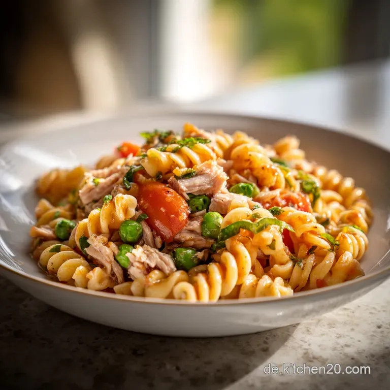 Plated tuna pasta: flaked tuna nestled in creamy noodles, vibrant parsley garnish, light reflecting off the glossy sauce, ...