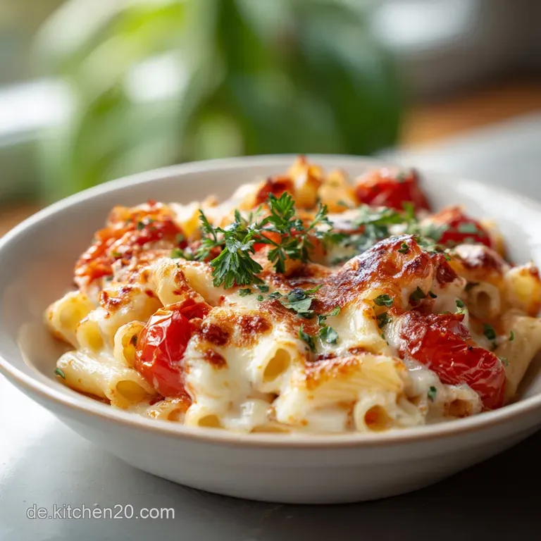 A generous portion of creamy baked pasta served in a rustic bowl, topped with vibrant red tomato sauce.