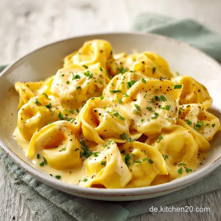 Two servings of cheesy tortellini are plated beautifully with a swirl of cream sauce and a sprinkle of fresh herbs for bri...
