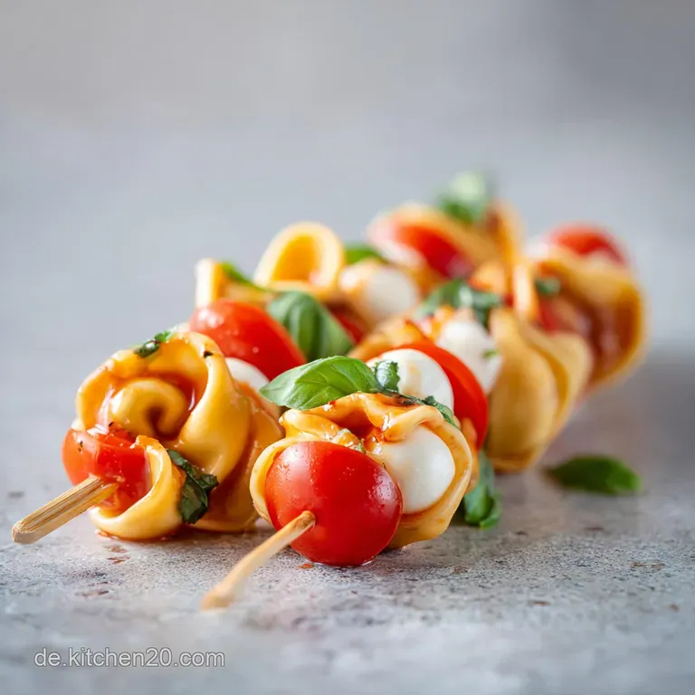 A vibrant stack of tortellini, tomato, and mozzarella skewers, glistening with olive oil and fresh basil.