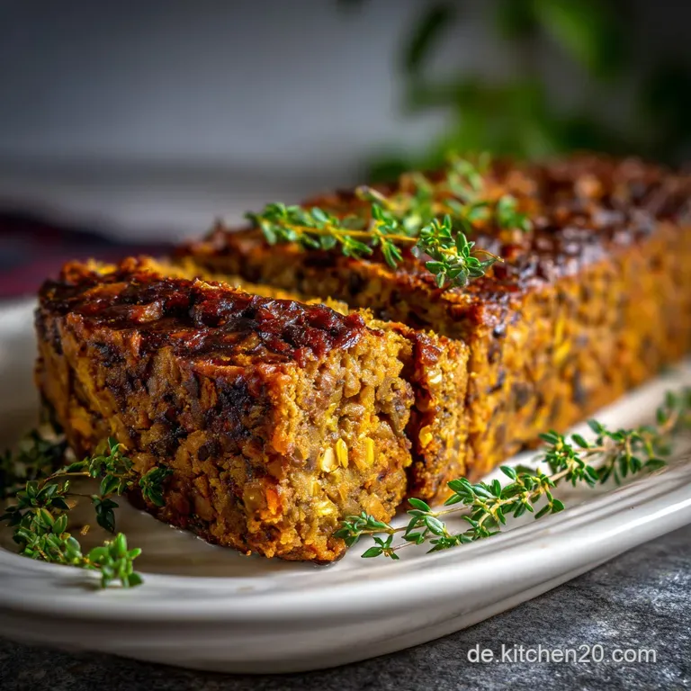Thick slice of plant-based loaf with a hearty texture, plated with vibrant greens. A drizzle of sauce adds a glossy sheen.