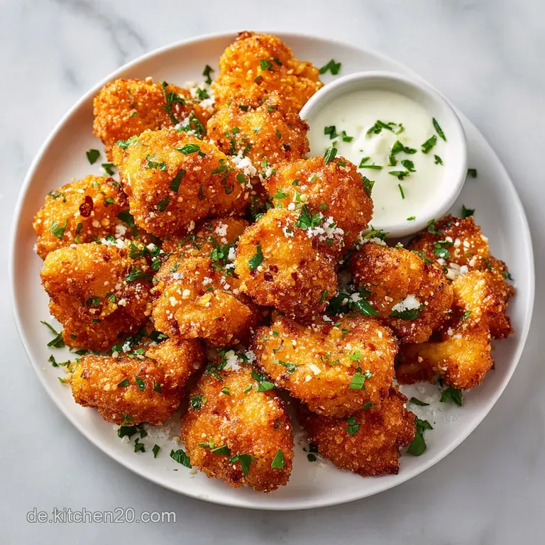 Crispy cauliflower wings arranged artfully on a plate, drizzled with sauce, alongside a ramekin of smooth, white dipping s...