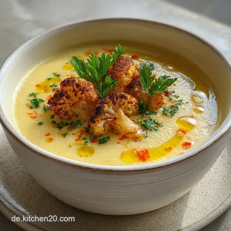 Elegant bowl of silky cauliflower soup with toasted bread, fresh herbs, and a swirl of cream. Warm, comforting, and beauti...
