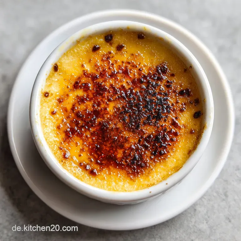 An elegant ramekin of creamy custard with a perfectly torched sugar crust, ready to be served.