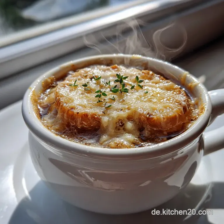 A delicate bowl holds steaming vegan French onion soup, topped with a bubbly vegan cheese crouton and fresh thyme.