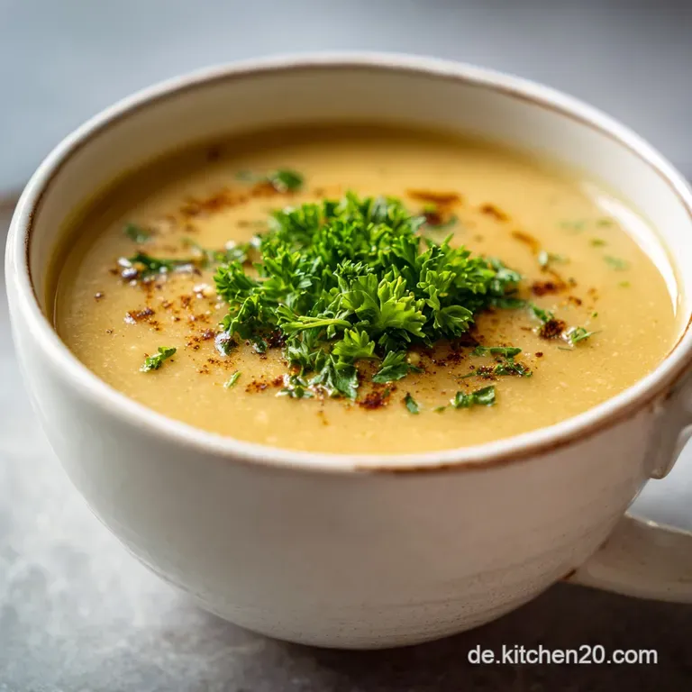 A steaming bowl of vegan potato soup, garnished with fresh parsley and a drizzle of oil, showcasing a comforting, rustic a...