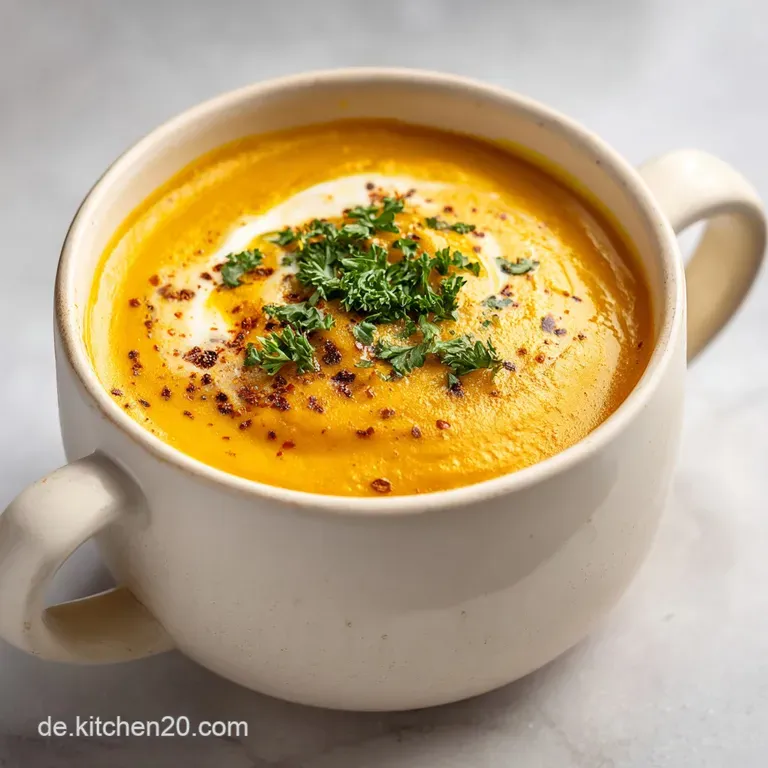 Elegant bowl of creamy pumpkin soup garnished with a sprig of green herbs and a drizzle of golden oil, showcasing a smooth...