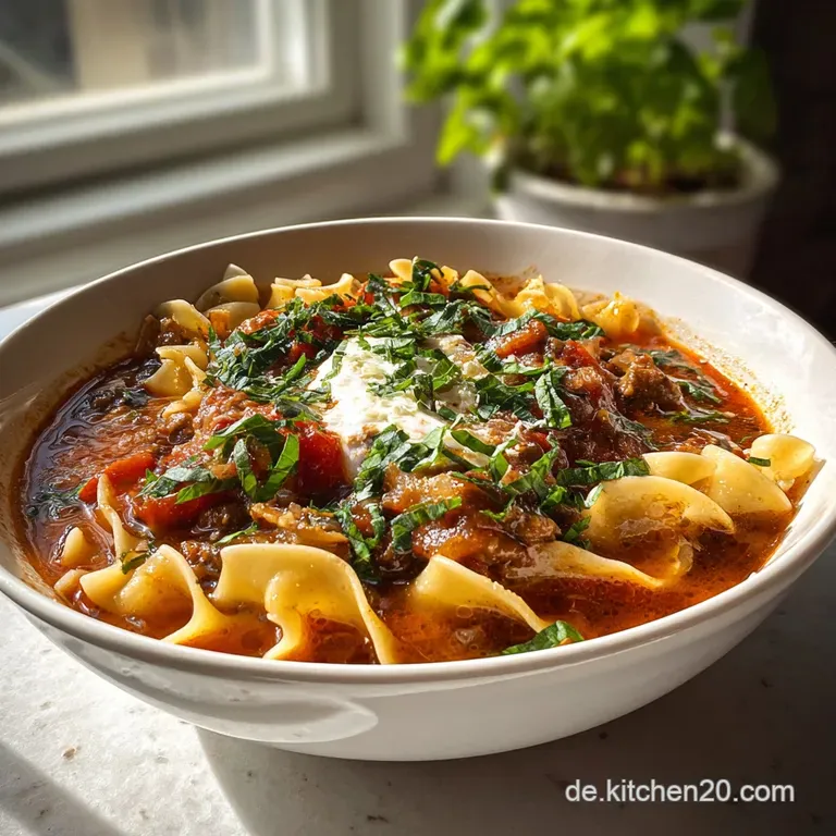 Elegant bowl of vegan lasagna soup, garnished with fresh basil, featuring visible noodle layers and a sprinkle of plant-ba...