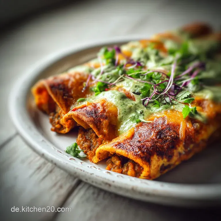 A single, saucy vegan enchilada on a white plate, steam rising, with a side of bright green avocado and vibrant pico de ga...