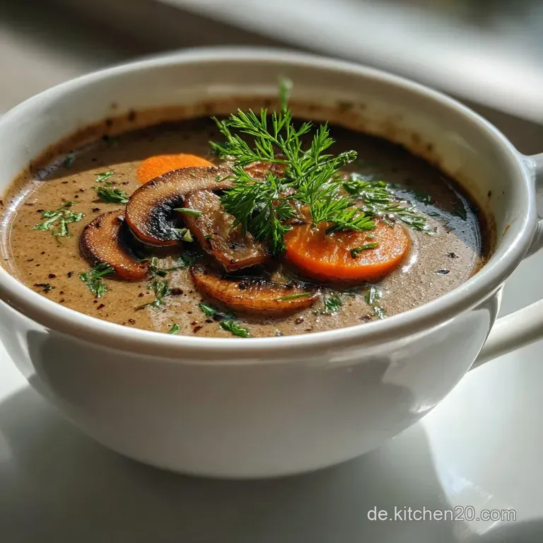 Elegant bowl of mushroom soup with a swirl of cream, garnished with fresh herbs. A spoon rests invitingly nearby.