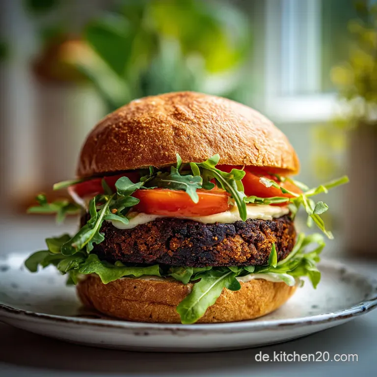 A juicy vegan black bean burger with crisp lettuce, ripe tomato, and a creamy sauce served on a rustic wooden board.