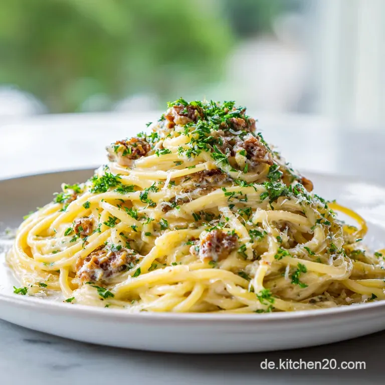 A fork twirls golden vegan carbonara on a white plate. Rich creamy sauce clings to the spaghetti, a tempting bite.