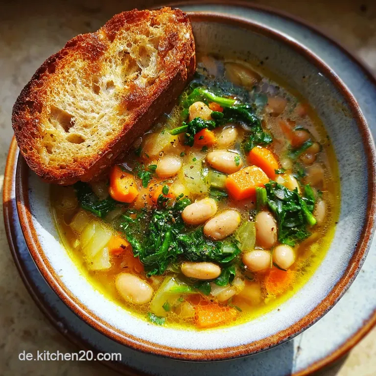 Elegant bowl of vegan white bean soup garnished with fresh herbs and a swirl of plant-based cream for a luxurious look.