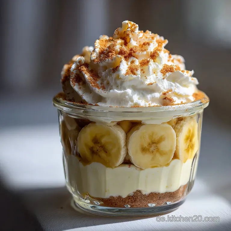 Silky smooth banana pudding layered in a parfait glass, adorned with delicate vanilla wafers and fresh banana slices.