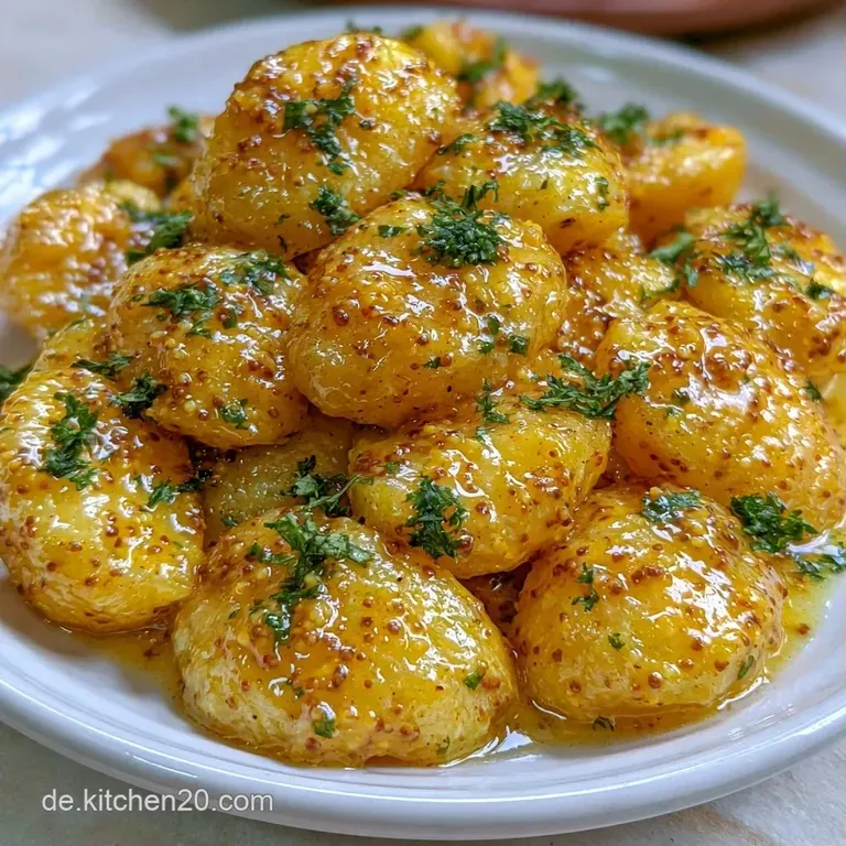 Ein fluffiger Haufen hellgelber Kartoffelst&uuml;cke auf einem flachen Teller, garniert mit feinen roten Zwiebelringen.