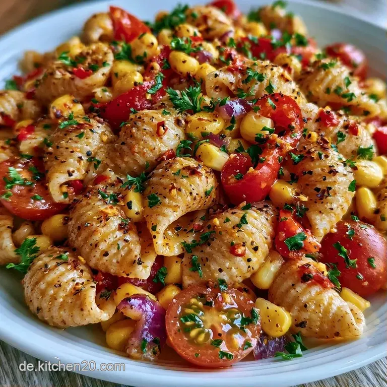 Ein gro&szlig;er, flacher Teller mit buntem Nudelsalat, garniert mit gl&auml;nzenden Kirschtomaten und frischen Basilikumbl&auml;ttern.