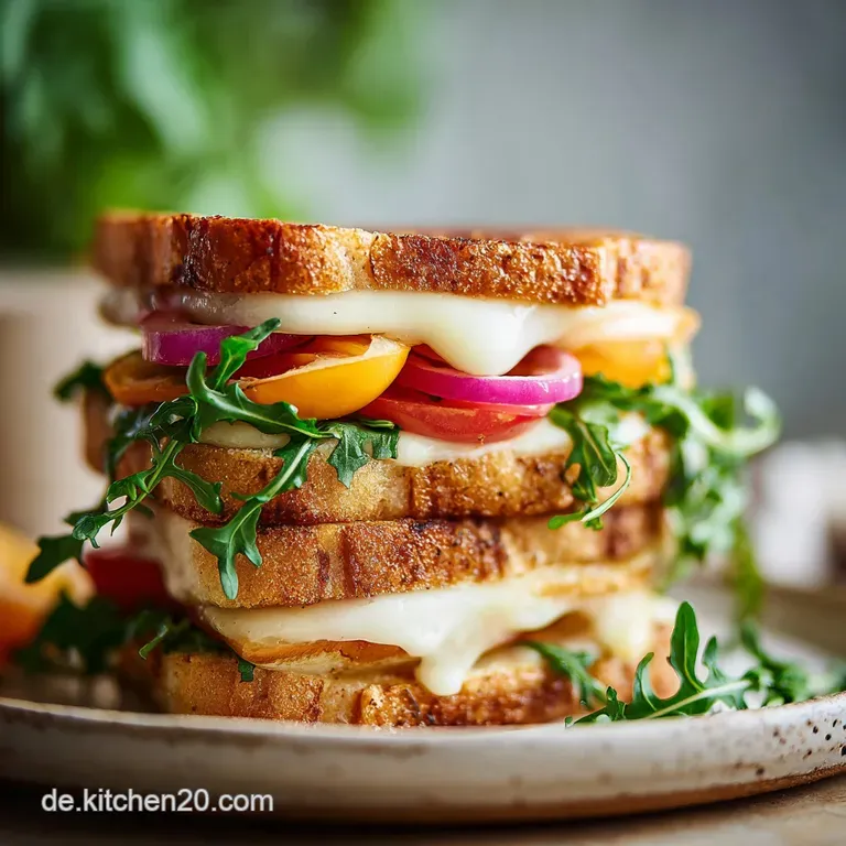 Vegan grilled cheese halves artfully arranged on a wooden board, with a side of bright red tomato soup and fresh herbs.