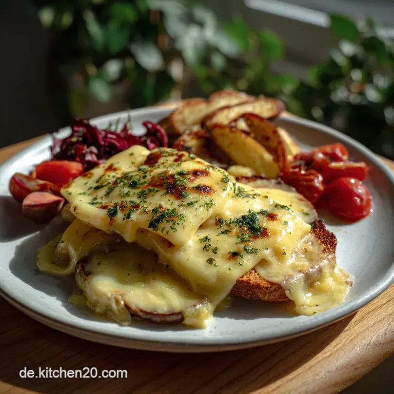 Artfully arranged vegan raclette on a wooden board. The melted 'cheese' is draped over roasted vegetables, creating a vibr...