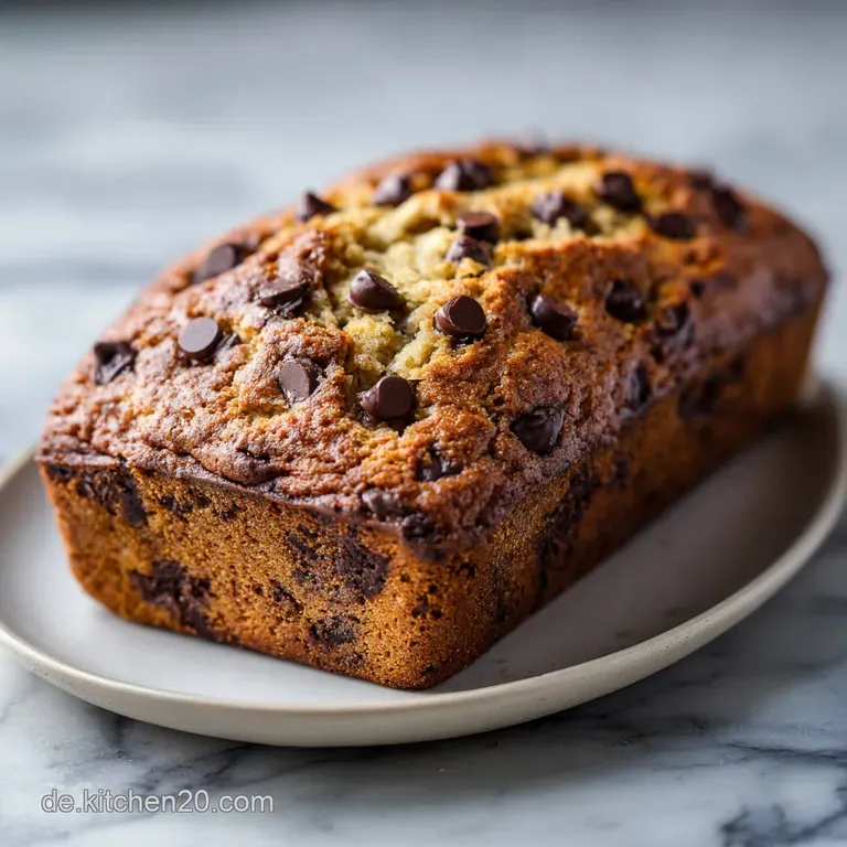 Slice of moist vegan chocolate banana bread on a plate, next to a dollop of whipped cream and cocoa powder dusting.