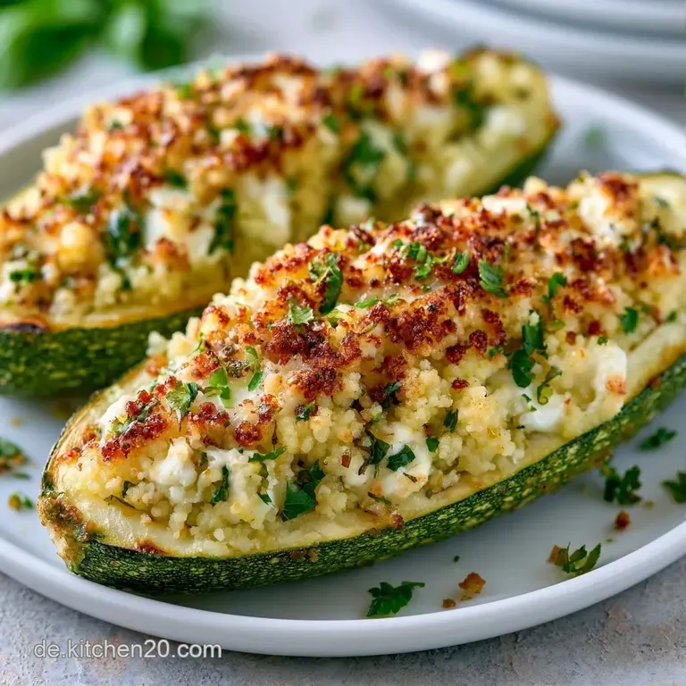 Goldgelbe gef&uuml;llte Zucchini auf einem wei&szlig;en Teller, garniert mit frischem Petersilienregen und Oliven&ouml;l.