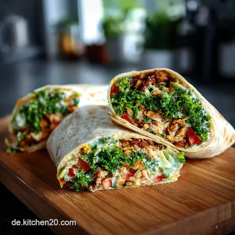 A single vegetarian wrap on a white plate, vibrant filling peeking out, topped with fresh herbs, suggesting a light and fl...