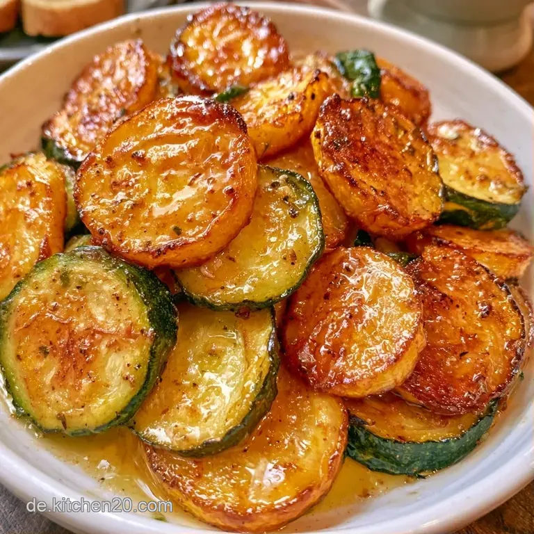 Ein cremiges St&uuml;ck Zucchini-Gratin auf einem wei&szlig;en Teller, garniert mit frischer Petersilie und goldenen R&auml;ndern.