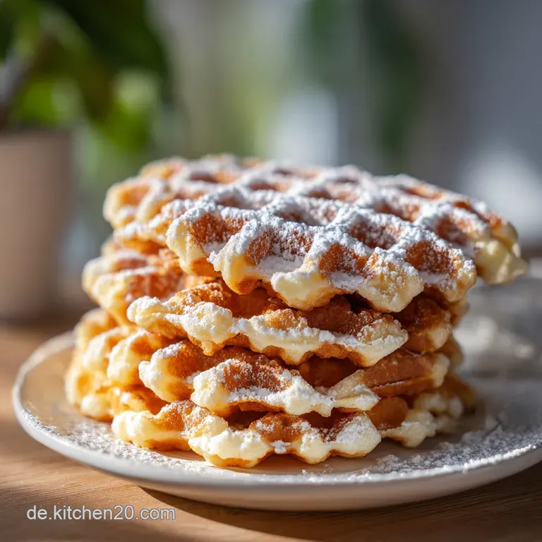 Warm, fluffy waffles stacked high, adorned with a dusting of powdered sugar and fresh berries.