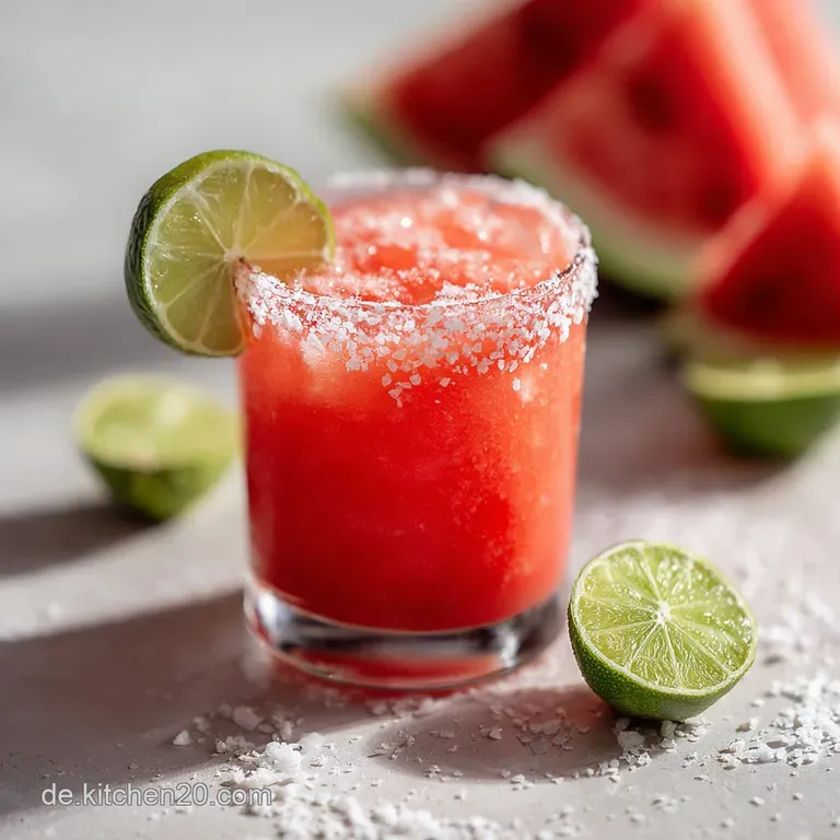 Elegant watermelon margarita in a stemmed glass with a lime garnish. Condensation suggests icy cold refreshment, perfect f...
