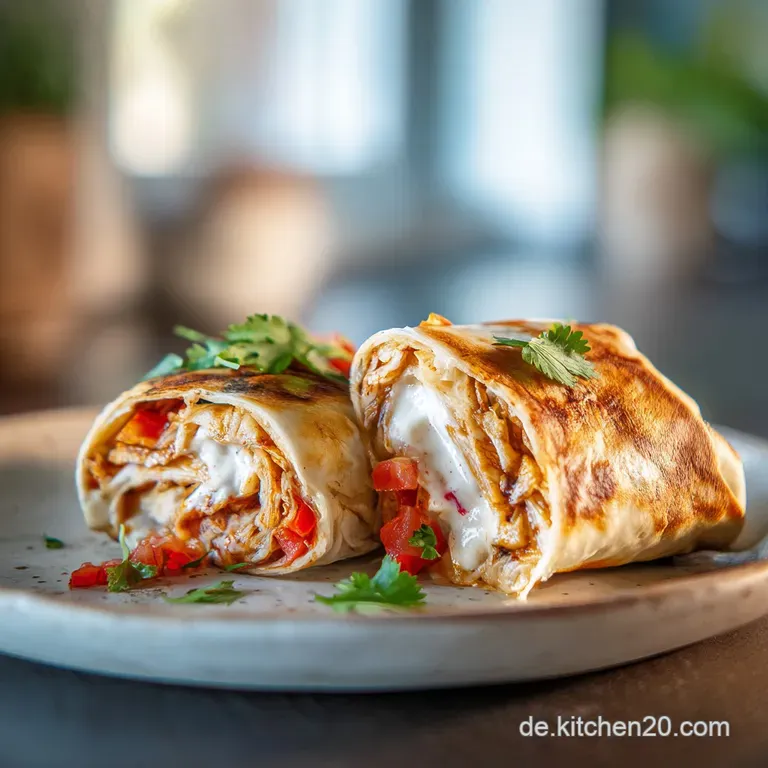 Arrangement of two air-fried wraps, cut to reveal the steaming filling; vibrant ingredients burst from within the golden s...