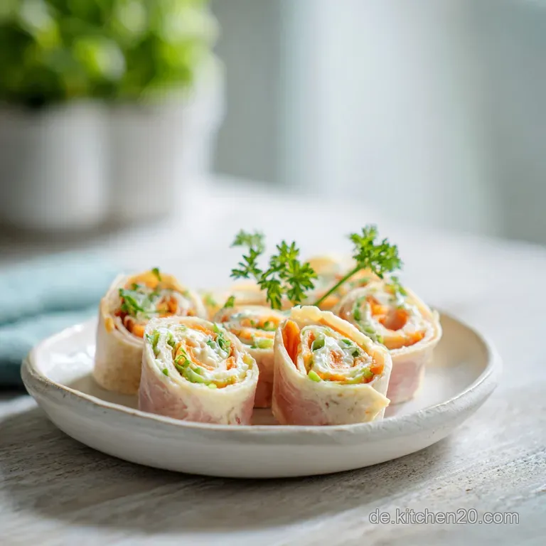 Artfully arranged pinwheel snacks, a spiral of colorful wraps and creamy filling, garnished with herbs.