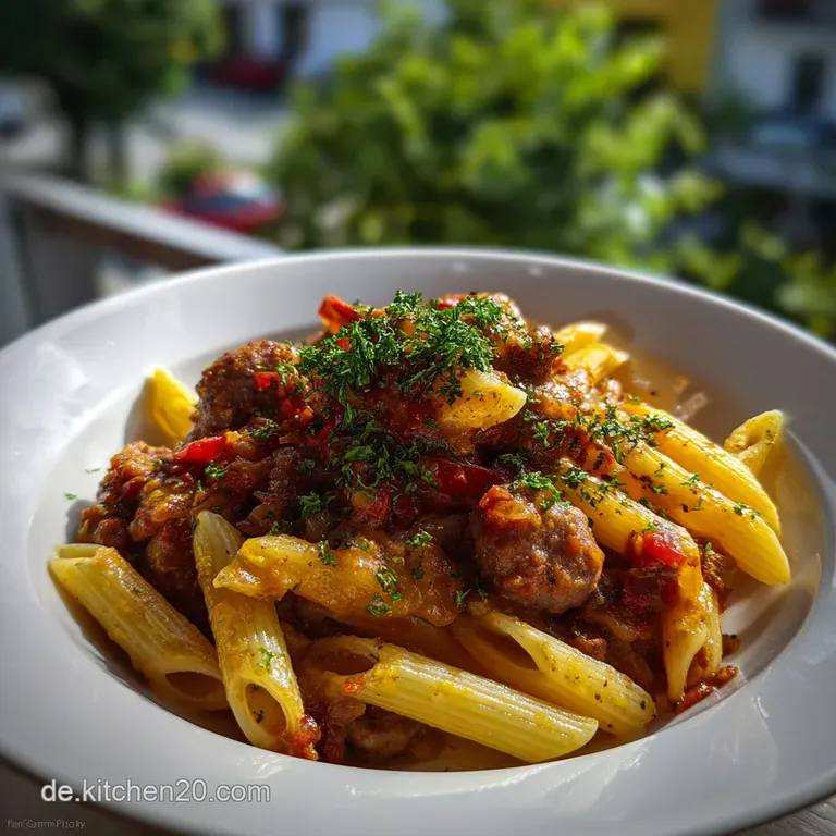 Leckeres WrstchenSenfGulasch mit Penne Ein herzhaftes