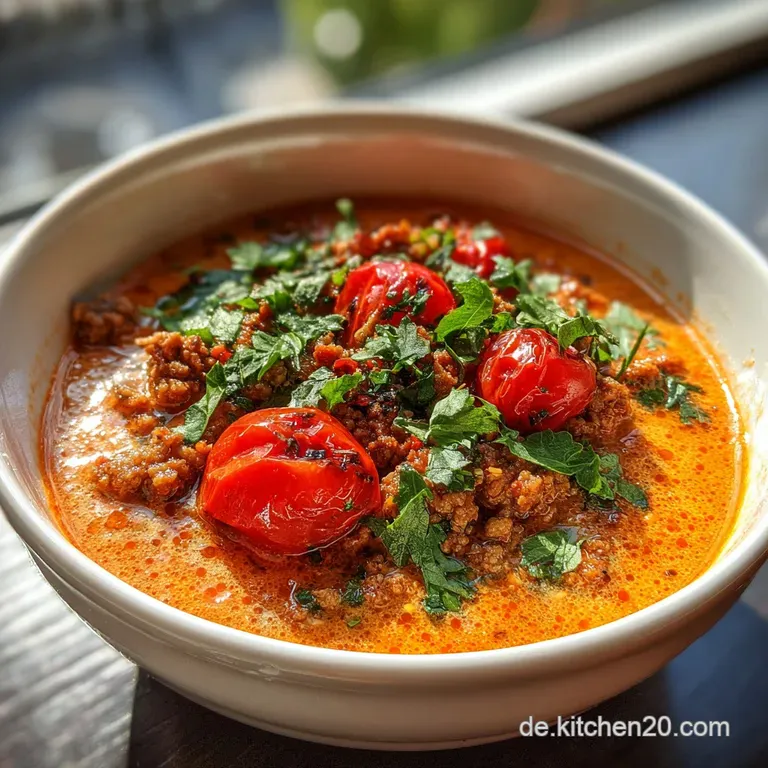Rich, red soup served in a white bowl, topped with a dollop of cream and fresh herbs. A spoonful reveals the ground meat a...