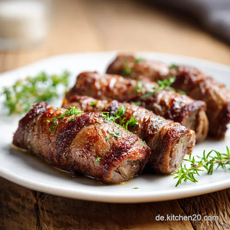 A perfectly rolled beef Roulade, thinly sliced to reveal a savory filling, served with rich gravy and vibrant red cabbage.