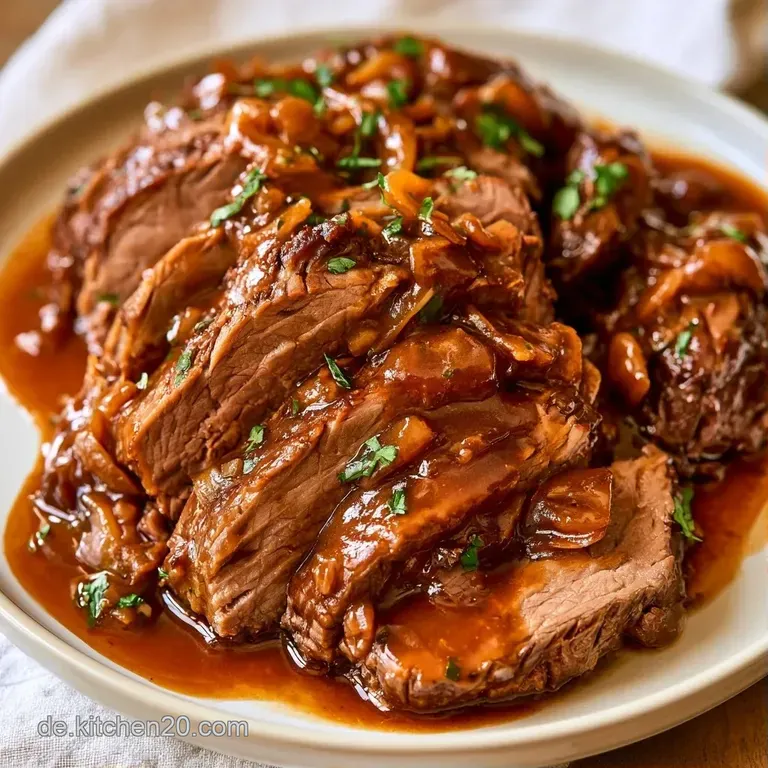 Saftige Fleischscheiben auf einer wei&szlig;en Platte, garniert mit frischer Petersilie und einer s&auml;migen, braunen Sauce.