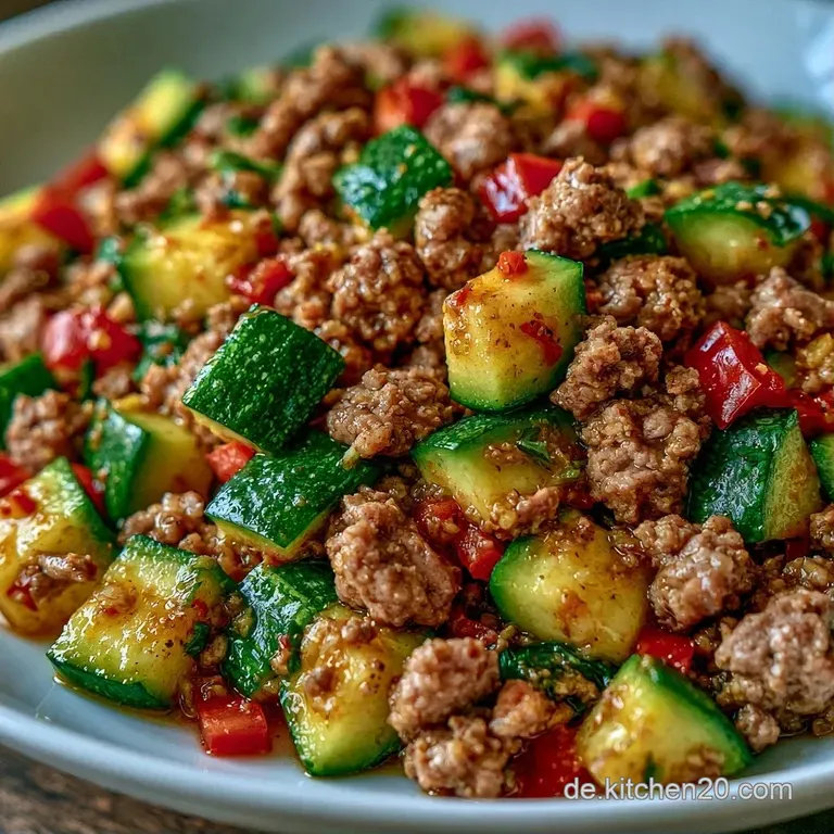 Dampfende Pfanne mit goldbraunem Hackfleisch und zarten Zucchini, garniert mit frischer, gr&uuml;ner Petersilie auf wei&szlig;em Porz...