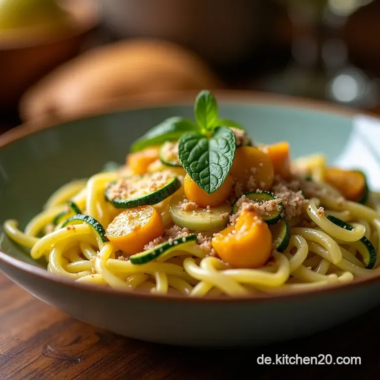 Italienische Leichtigkeit Cremige Zucchinipasta Mit Herzhaftem H&auml;hnchen Und Ger&ouml;steten Pinienkernen presentation