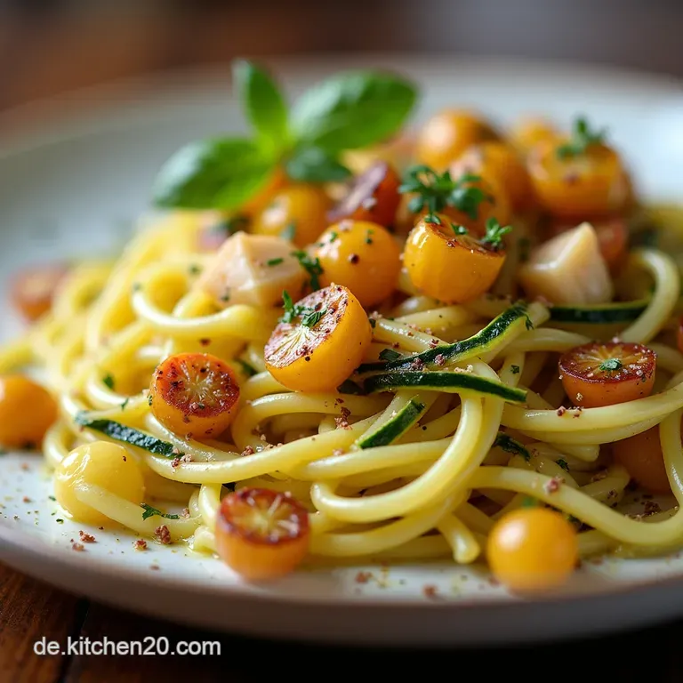 Cremige Zucchini Parmesan Pasta mit Hähnchen Pinienkernen Blitzrezept Italienische Leichtigkeit Cremige ZucchiniPasta mit herzhaftem Hähnchen und gerösteten Pinienkernen